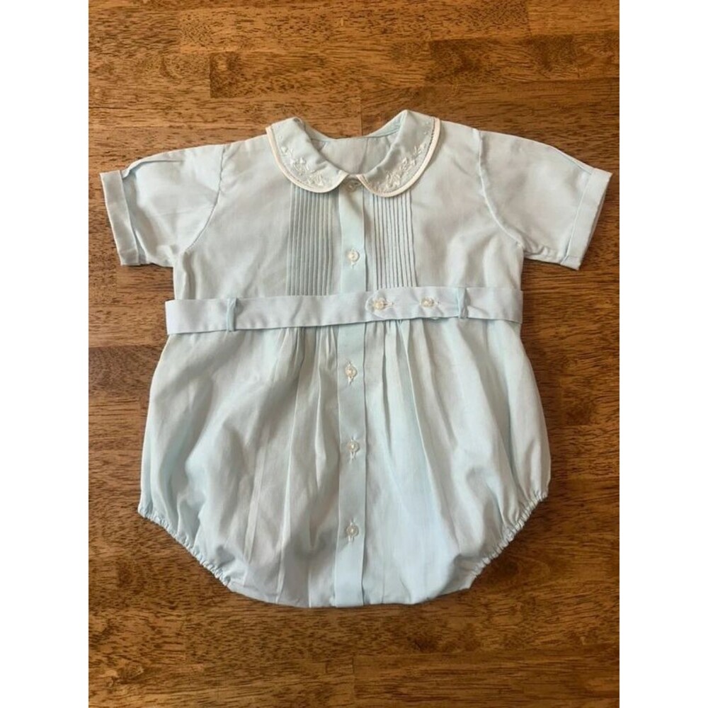 Vintage Heirloom Baby Boy Blue Embroidered Bubble Romper 12M